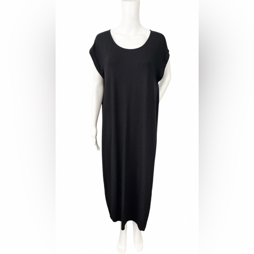 NWOT - Eileen Fisher Black Cap Sleeve Maxi Shift Dress High Slit - Size S/P
